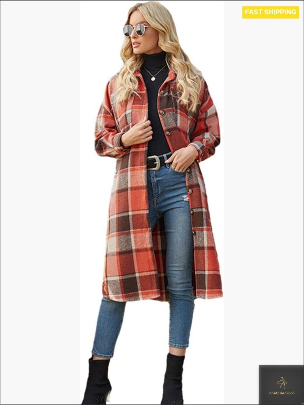 Oversized Plaid Shacket Jacket Button Down Casual Long Coat Lapel Tartan